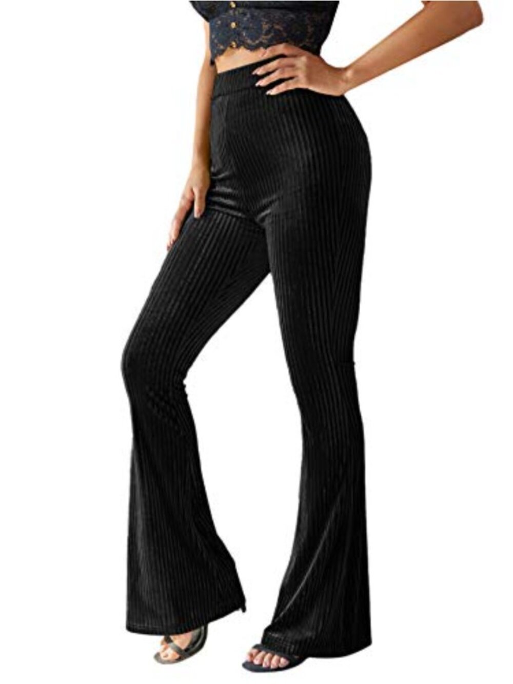 Velvet High Waist Flare Leg Palazzo Pants Elastic Waist Trousers
